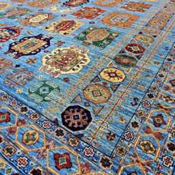 9x12 Hand Knotted Blue Afghan Rug, Geometric Medallion Panel Wool, Large Tribal Carpet - thumbnail 4