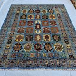 9x12 Hand Knotted Blue Afghan Rug, Geometric Medallion Panel Wool, Large Tribal Carpet - thumbnail 2