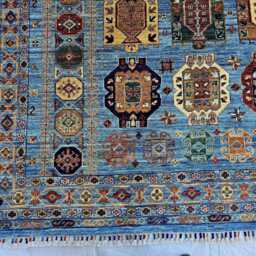 9x12 Hand Knotted Blue Afghan Rug, Geometric Medallion Panel Wool, Large Tribal Carpet - thumbnail 3