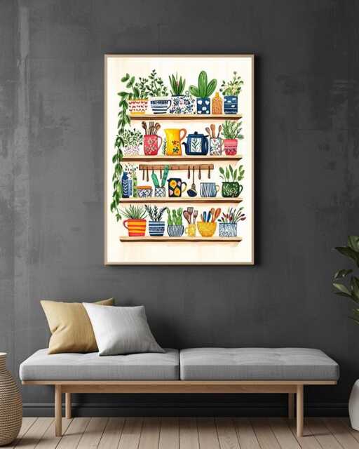 Hand-Painted Kitchen Shelf Print, Cottagecore Mugs, Teapot, Plants Wall Art - image 1