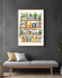 Hand-Painted Kitchen Shelf Print, Cottagecore Mugs, Teapot, Plants Wall Art