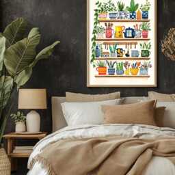 Hand-Painted Kitchen Shelf Print, Cottagecore Mugs, Teapot, Plants Wall Art - thumbnail 2