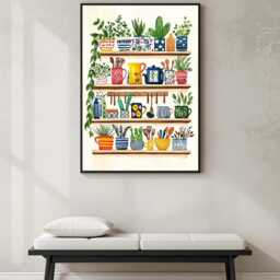 Hand-Painted Kitchen Shelf Print, Cottagecore Mugs, Teapot, Plants Wall Art - thumbnail 4