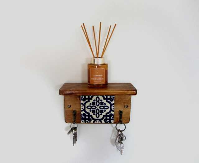 Moroccan Tile Key Holder With Shelf Rustic Pine Wood, Blue & White - image 1