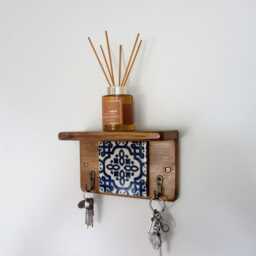Moroccan Tile Key Holder With Shelf Rustic Pine Wood, Blue & White - thumbnail 2