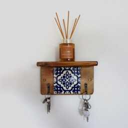 Moroccan Tile Key Holder With Shelf Rustic Pine Wood, Blue & White - thumbnail 3
