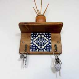 Moroccan Tile Key Holder With Shelf Rustic Pine Wood, Blue & White - thumbnail 4