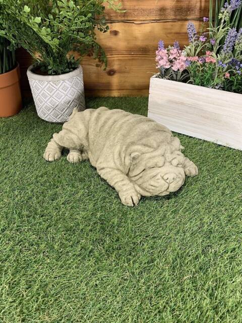 stone Garden Laying Shar-Pei Pug Dog Detailed Cute Gift Concrete Ornament - image 1