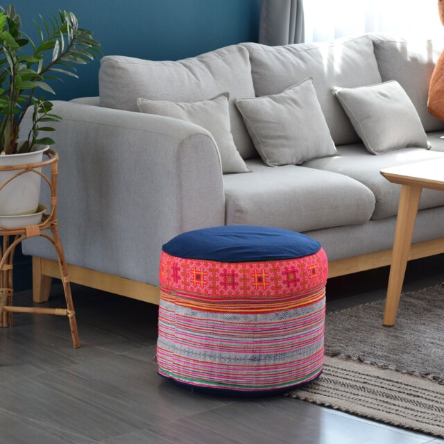 Vintage Hmong Textile Ottoman Pouf Rustic Hill Tribe Pillow - 18x14 - image 1