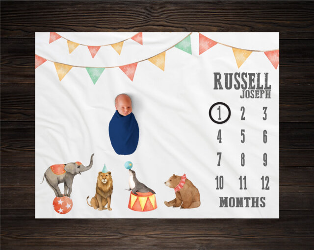 Circus Baby Milestone Blanket, Animals Shower Gift, Keepsake Show Theme Nursery - image 1
