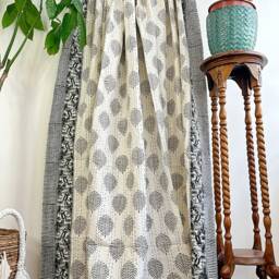 Kantha Stitch Pure Cotton Reversible Bed/Sofa Throw King Size - Handmade Handprinted Country Dohar Elegant White Grey Fern Motif Stripe - thumbnail 4