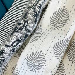 Kantha Stitch Pure Cotton Reversible Bed/Sofa Throw King Size - Handmade Handprinted Country Dohar Elegant White Grey Fern Motif Stripe - thumbnail 2