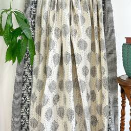 Kantha Stitch Pure Cotton Reversible Bed/Sofa Throw King Size - Handmade Handprinted Country Dohar Elegant White Grey Fern Motif Stripe - thumbnail 3