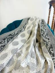 Kantha Stitch Pure Cotton Reversible Bed/Sofa Throw King Size - Handmade Handprinted Country Dohar Elegant White Grey Fern Motif Stripe