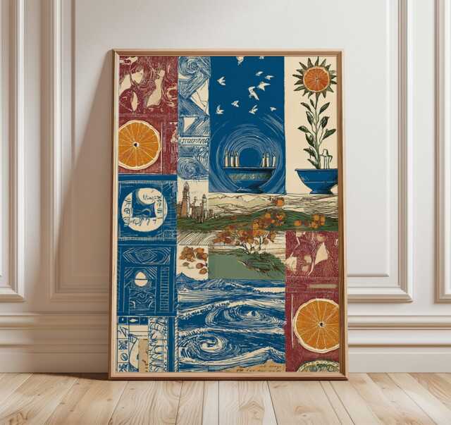 Mediterranean Collage Wall Art, Vintage Coastal Print, Ocean Wave & Citrus Illustration, Bohemian Seaside Poster Design - image 1