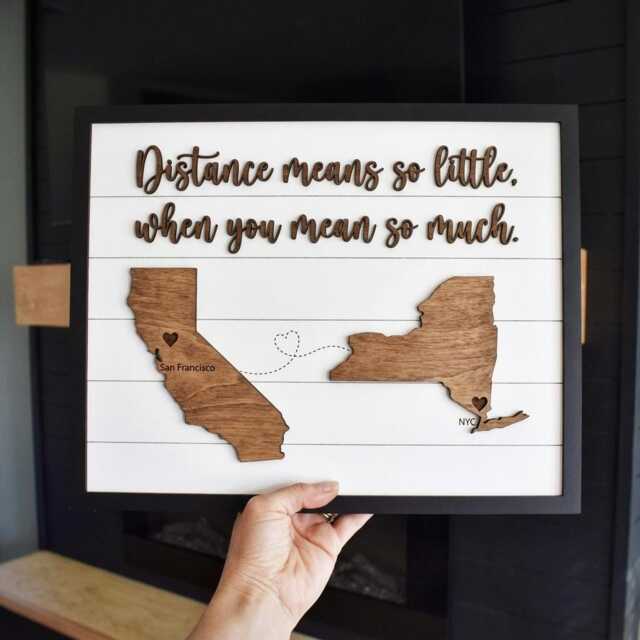 Personalized Long Distance Map Sign State To State, Wall Art Means So Little Quote, Custom Wood For Couples Anniversary Gift - image 1