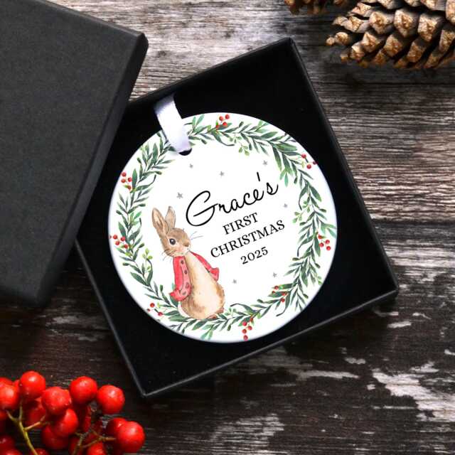Personalised First Christmas Decoration, Rabbit Ornament, Baby's Christmas, New Baby Gift, 1st Bauble - image 1