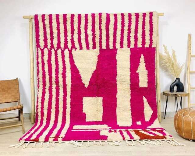 Pink White Abstract Moroccan Shag Rug, Large Area Handmade Berber Wool Carpet, Modern Boho Decor - image 1