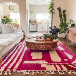 Pink White Abstract Moroccan Shag Rug, Large Area Handmade Berber Wool Carpet, Modern Boho Decor - thumbnail 3