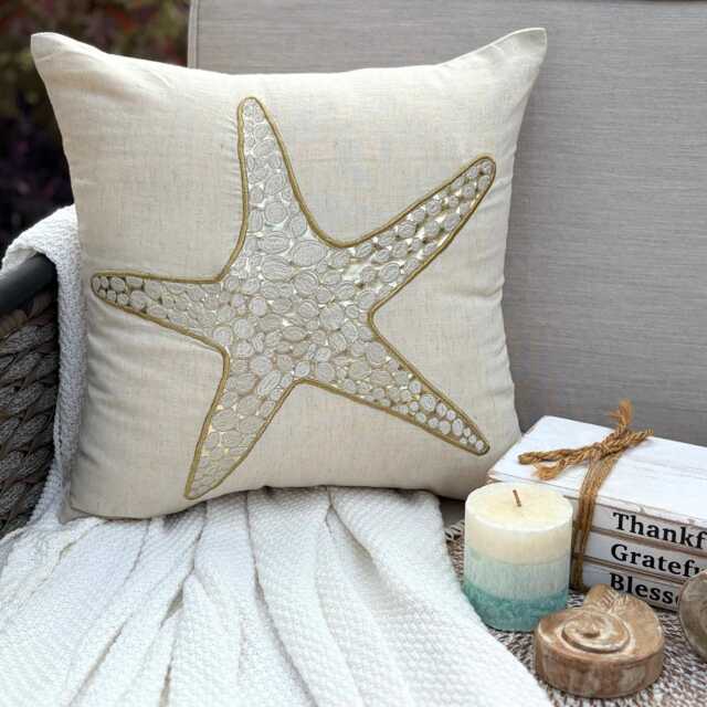 Beige Cotton Linen Metallic Applique Sea Creatures Pattern, Beach Style Throw Pillow Cover - Gold Scaly Starfish - image 1