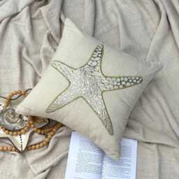 Beige Cotton Linen Metallic Applique Sea Creatures Pattern, Beach Style Throw Pillow Cover - Gold Scaly Starfish - thumbnail 3