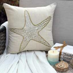 Beige Cotton Linen Metallic Applique Sea Creatures Pattern, Beach Style Throw Pillow Cover - Gold Scaly Starfish - thumbnail 1