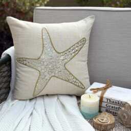 Beige Cotton Linen Metallic Applique Sea Creatures Pattern, Beach Style Throw Pillow Cover - Gold Scaly Starfish - thumbnail 2