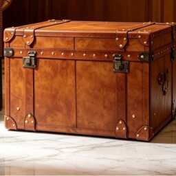 Handmade Leather Campaign Trunk Coffee Table With Brass Hardware - Bespoke Living Room Storage Chest - thumbnail 2