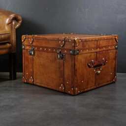 Handmade Leather Campaign Trunk Coffee Table With Brass Hardware - Bespoke Living Room Storage Chest - thumbnail 3