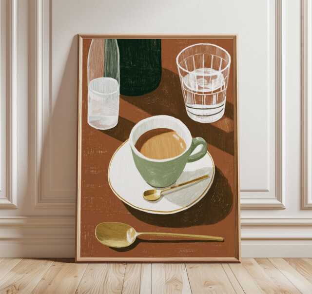 Coffee Cup Poster, Minimalist Kitchen Art, Mid Century Cafe Print, Modern Still Life Artwork, Warm Neutral Wall Decor For Home - image 1