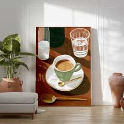 Coffee Cup Poster, Minimalist Kitchen Art, Mid Century Cafe Print, Modern Still Life Artwork, Warm Neutral Wall Decor For Home - thumbnail 3