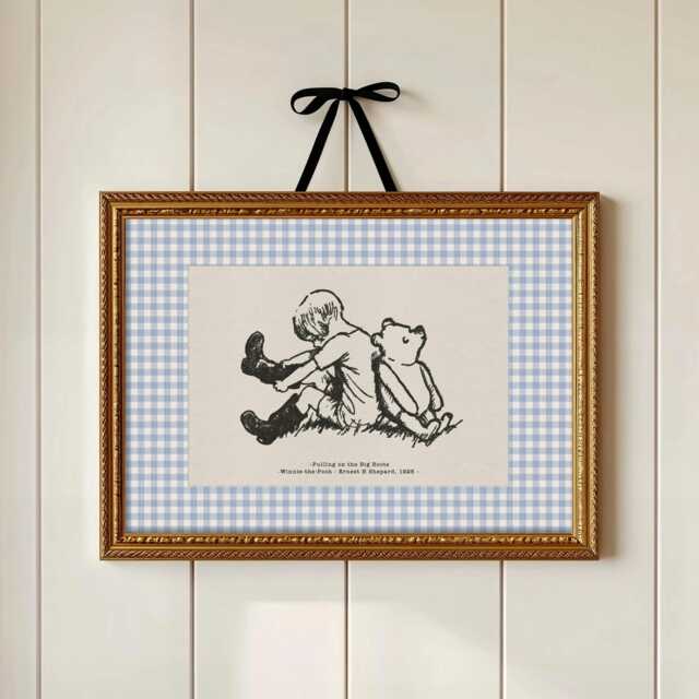 Blue Gingham Winnie The Pooh & Christopher Robin Print - Classic Nursery Art E H Shepard Vintage Storybook Illustration - image 1