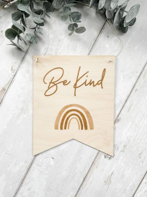 Be Kind Rainbow Wall Hanging - Nursery/Playroom Decor Wooden Bunting Flag Laser Engraved UK