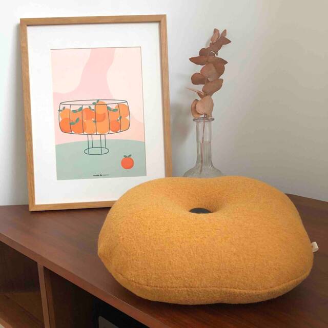 Quilted Square Cushion in Recycled Boiled Wool Mustard Yellow, Handmade France, 30x30cm, Polyester Fiber Padding, Leather Button - image 1
