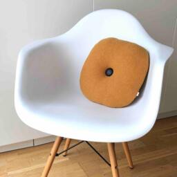 Quilted Square Cushion in Recycled Boiled Wool Mustard Yellow, Handmade France, 30x30cm, Polyester Fiber Padding, Leather Button - thumbnail 3