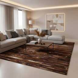 Cowhide Patchwork Rug in Brown Stripes Designed By Shine Rugs - thumbnail 2