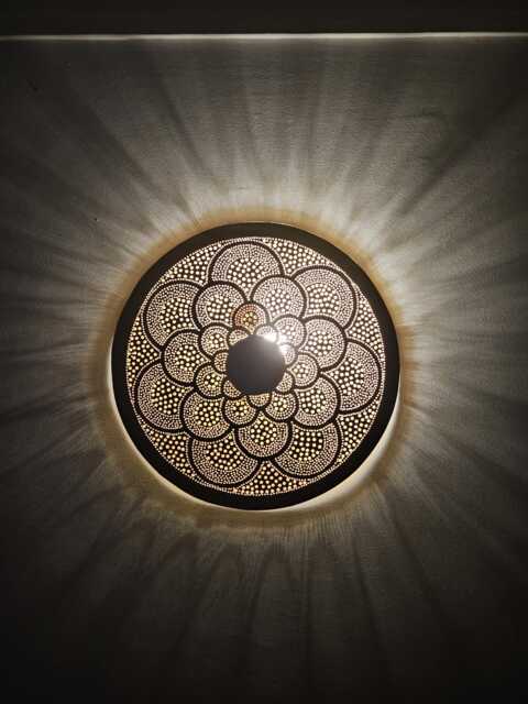 Moroccan Brass Wall Sconce Round Lampshade, Handmade Lighting - image 1