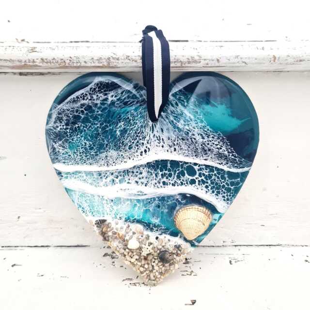 Turquoise Ocean Resin Heart, Hanging Hearts For Home, Sea Wall Decor, Beach Art, Epoxy Nautical Art - image 1