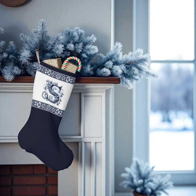 Santa Stocking, Delft Blue, Custom Initial, Holiday Decor, Christmas Home Decoration, Stocking For Kids, Initial S, S - image 1