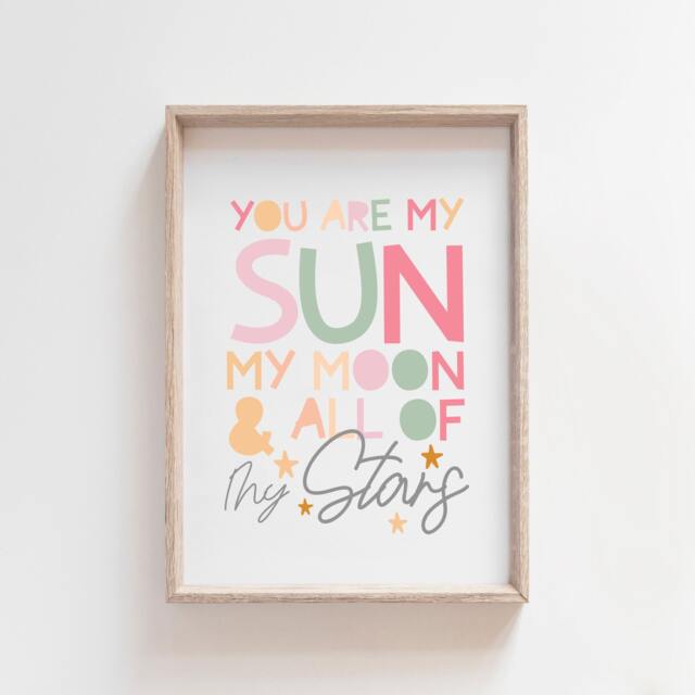 You Are My Sun Moon & All Of Stars Print, Girls Nursery Prints, Bedroom Wall Art, Decor Muted Pink - image 1