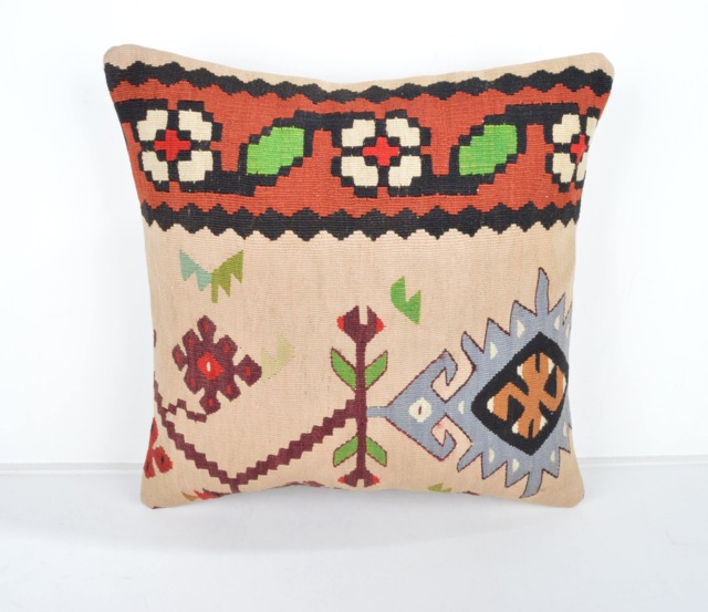 Handmade Turkish Kilim Pillow Cover, Wool Cushion - 16x16'' - image 1