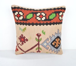Handmade Turkish Kilim Pillow Cover, Wool Cushion - 16x16'' - thumbnail 1