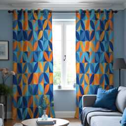 Blue & Orange Geometric Curtains, Retro Mid-Century Modern Drapes, Bold Abstract Pattern Window Panels - thumbnail 2