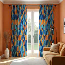 Blue & Orange Geometric Curtains, Retro Mid-Century Modern Drapes, Bold Abstract Pattern Window Panels