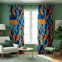 Blue & Orange Geometric Curtains, Retro Mid-Century Modern Drapes, Bold Abstract Pattern Window Panels - thumbnail 3