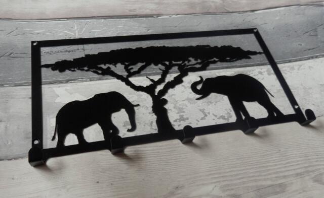 Elephants & Acacia Tree Silhouette Key Hook Rack - Safari Africa Metal Wall Art - image 1