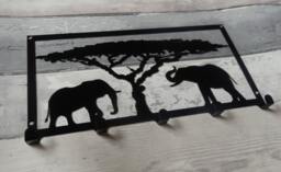 Elephants & Acacia Tree Silhouette Key Hook Rack - Safari Africa Metal Wall Art - thumbnail 1