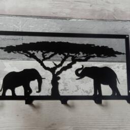 Elephants & Acacia Tree Silhouette Key Hook Rack - Safari Africa Metal Wall Art - thumbnail 3