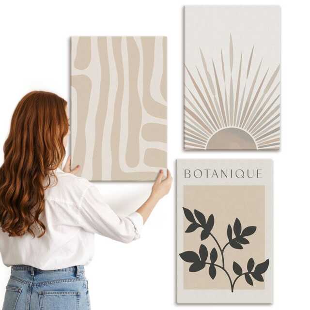 Canvas Set Of 3 - Patterns With Floral Accents in Neutral Tones, Beige Wall Art, Natural Textures Decor - image 1