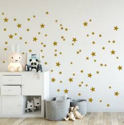 Gold Stars Wall Decals, Mixed Set Of 90 Mini Sized Star Wall Stickers Gold-Metallic, Mix From 0.8'' Up To 1.6'', Kidsroom Decal & Decor